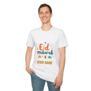 Add your name on Eid Mubarak Adult T-shirt, Eid Adha Ramadan celebration T-shirt,  Holiday muslim Gift, Beautiful Ramadan and Adha T-shirt.